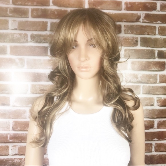 Accessories - Curly Long Brown Highlighted Synthetic Wig w Bang